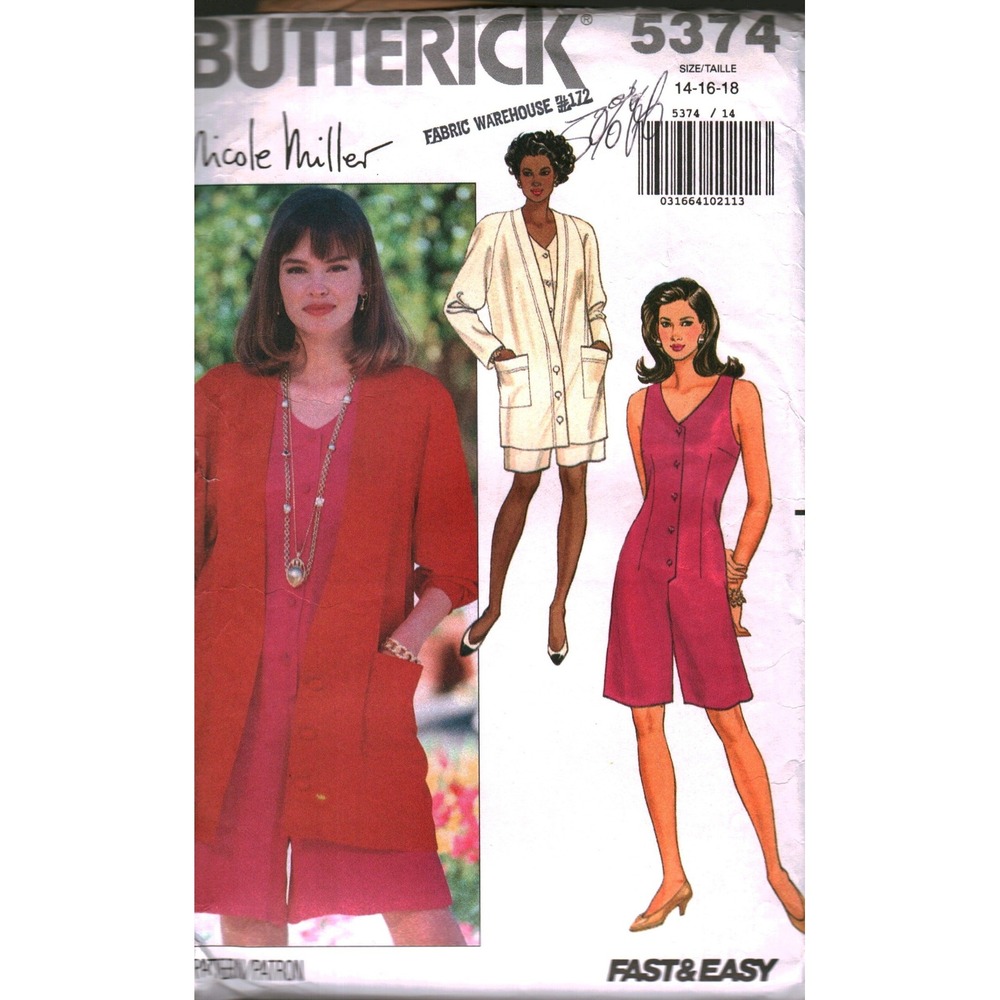 Butterick 5374 Nicole Miller Sewing Pattern Misses Jacket Jumpsuit Size 14-18